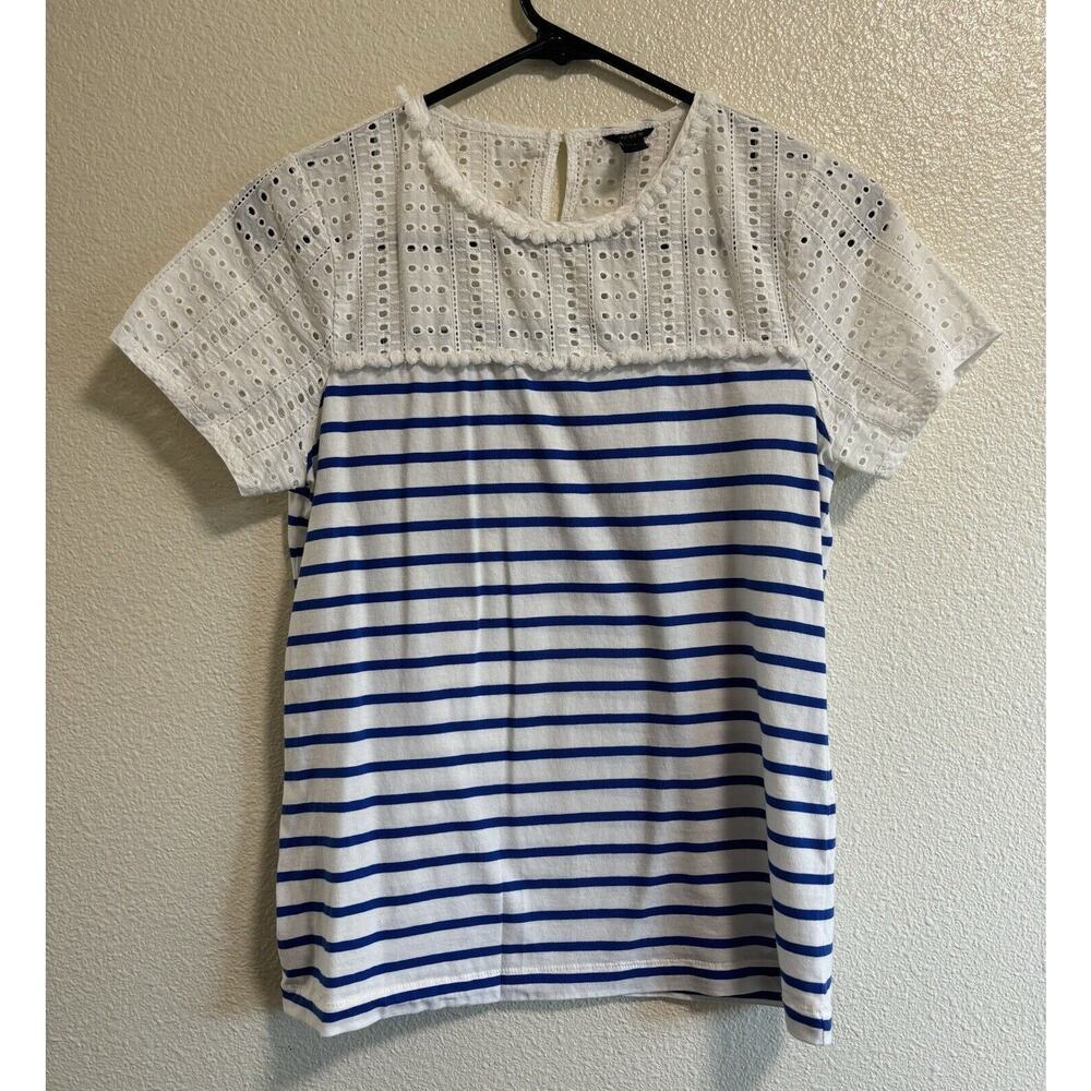 J.Crew Eyelet Striped T-Shirt Summer Nautical Feminine Preppy Coastal Size XS